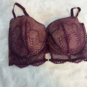 Adore Me Plum Lace Longline Bra Mesh Overlay Underwire Sexy Lingerie push up